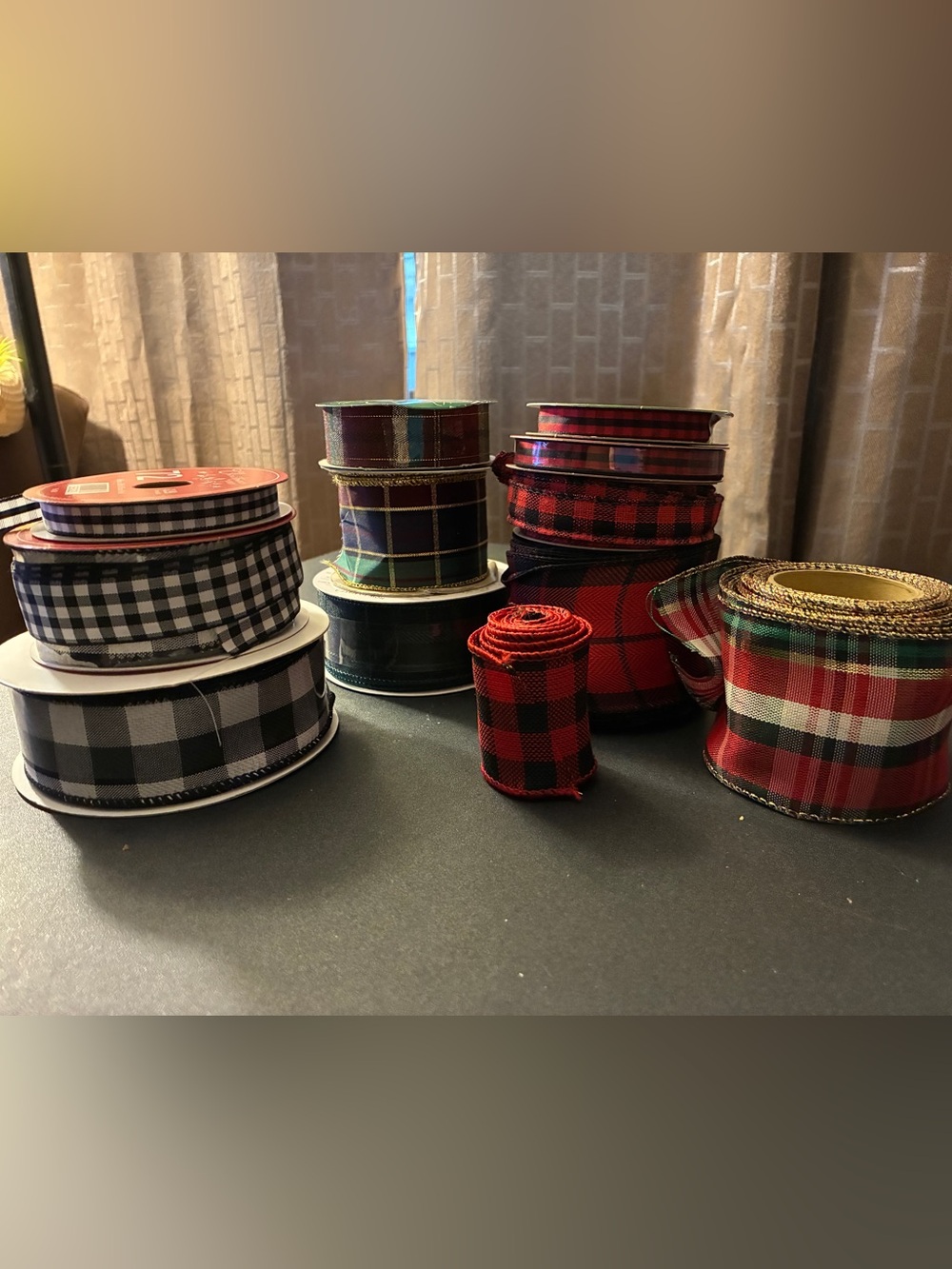 Plaid Holiday Ribbon Assortment - Red, Black, White. Varieties of colors & sizes